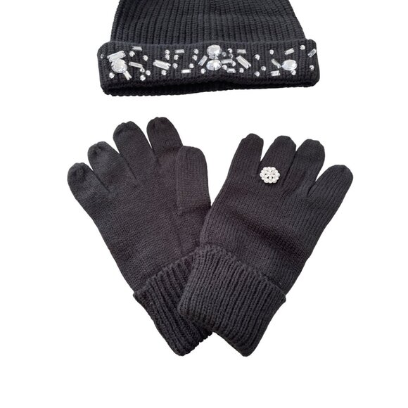 IMAN Global Chic Embellished Beanie and Glove Set One Size Black Silver Winter - Picture 4 of 6